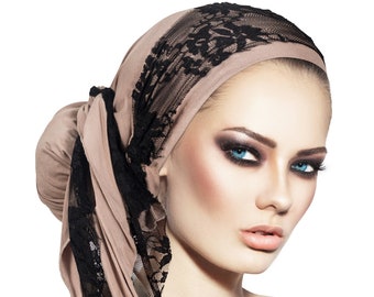 Taupe Head Scarf Beige Black Lace Wrap Turban Pre Tied Bandana Head Scarves Hair Snood Chemo Boho Chic Handmade Headwear for Women