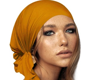 Yellow Ochre Head Wear for Women Pre tied Tichel Head Cover Hair Snood Wrap Chemo Hat Cap Turban ShariRose Soft Cotton Handmade Summer Yoga