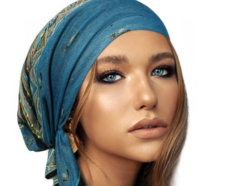 Foulard Turquoise Cachemire Antidérapant Coiffe Tichel Pour Femme Boho Chic Boho Bandana Pré-attaché Main ShariRose Foulard