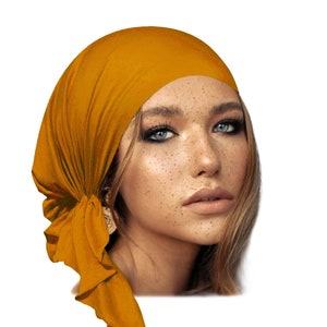 Yellow Ochre Head Wear for Women Pre tied Tichel Head Cover Hair Snood Wrap Chemo Hat Cap Turban ShariRose Soft Cotton Handmade Summer Yoga