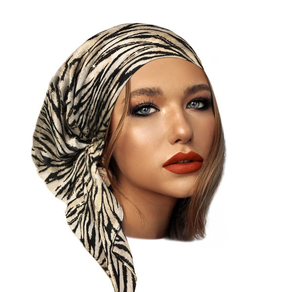 Foulard à rayures zébrées, doré, coiffure brillante pour femme, couvre-chef antidérapant noir et beige, bandana pré-noué, or brillant