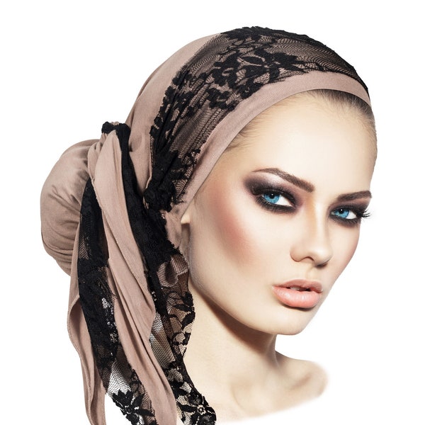 Taupe Head Scarf Beige Black Lace Wrap Turban Pre Tied Bandana Head Scarves Hair Snood Chemo Boho Chic Handmade Headwear for Women