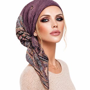Lenço de cabeça feminino pré-amarrado em malha macia antiderrapante na cor malva - ShariRose