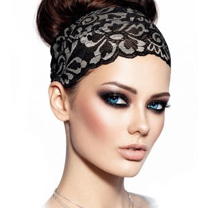 Zwartzilveren kanten hoofdband: brede boho-chique rekbare haarband