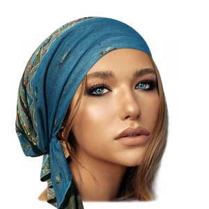 Hoofddoek Turquoise Cashmere Non Slip Head Wear Tichel Head Cover voor vrouwen Boho Chic boho Pre gebonden Bandana Handgemaakte ShariRose Hoofddoek afbeelding 1