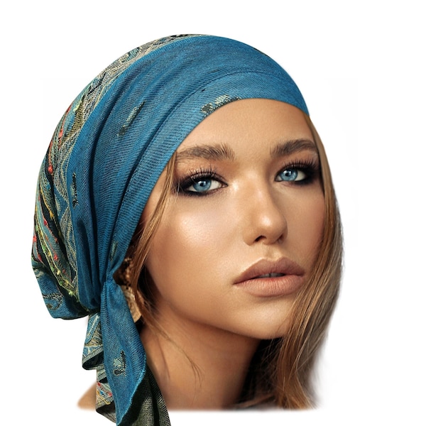 Foulard Turquoise Cachemire Antidérapant Coiffe Tichel Pour Femme Boho Chic Boho Bandana Pré-attaché Main ShariRose Foulard