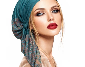 Pañuelo de punto con estampado paisley color verde azulado: bandana preanudada suave, transpirable y antideslizante.
