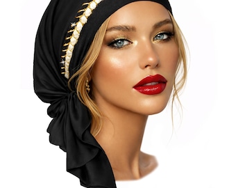 Black Pre-tied Headscarf Gold Trim: Soft Cotton Non Slip Head Cover