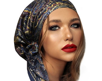 Navy Blue Headscarf Satin Gold Floral Non Slip Head Cover For Women Gold Sparkles Adjustable Bandana Pre-Tied Head Scarf Handmade ShariRose