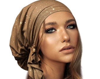 Taupe Headscarf Brown Tichel Gold Sparkle Cotton Jersey Soft Stretchy Pre-Tied Head wear for Women Bandana Turban Chemo Headwrap ShariRose