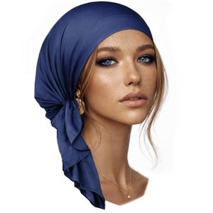 Navy Blue Cotton Head Scarf: Pre-Tied Non Slip Soft Tichel Chemo Cap