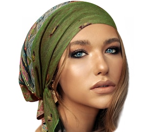 Olive green headscarf cashmere gray headcover pink head covering for women tichel pre tied bandana chemo cap ShariRose