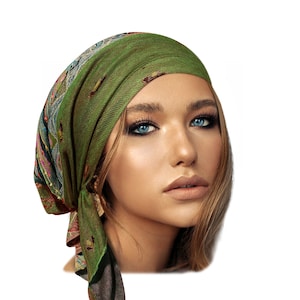 Olive green headscarf cashmere gray headcover pink head covering for women tichel pre tied bandana chemo cap ShariRose image 1