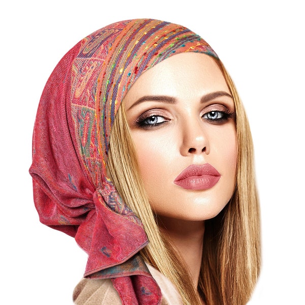 Pink Headscarf Cashmere Soft Breathable Adjustable Non Slip Head Wear Tichel Head Cover for Women Pre tied Bandana Handmade ShariRose