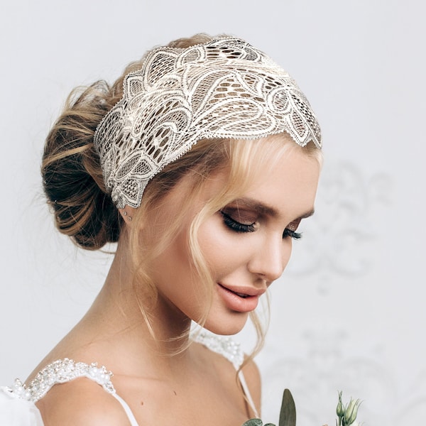 White Lace Headband Stretchy Super Wide Vintage Floral Lace Boho Chic Head Band Hair Bands Wedding Handmade ShariRose