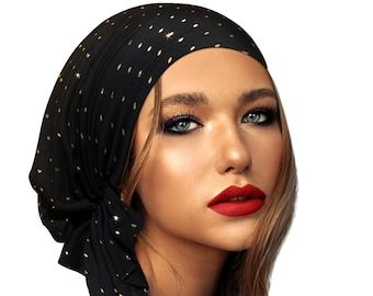 Black Gold Headscarf Soft Cotton Head Cover Tichel For Women Metallic Gold Sparkly Pre-Tied Head Scarf Handmade Head wear ShariRose