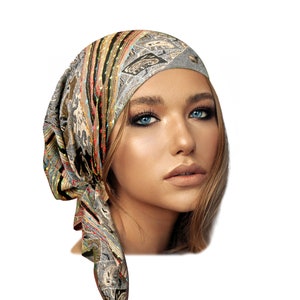 Pañuelo de cabeza de cachemira gris Tichel cubierta de cabeza para mujer verde azulado étnico hippie Boho Chic Pre atado Bandana Chemo Hat Cap Headwear ShariRose