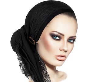 Zwarte hoofddoek Lace Head Cover voor vrouwen Boho Chic Pre Tied Bandana Tichel Hair Snood Chemo Hoofddoek Handgemaakte Kokosnoot Gespen ShariRose