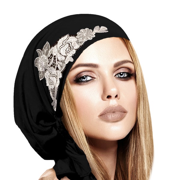 Schwarzes Kopftuch Silber Grau Floral Boho Chic Bad Hair Day Chemo Kopftücher Vorgebunden Bandana Weiche Baumwolle: Florale Applikation ShariRose