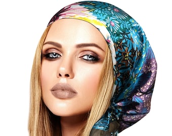 Silky Headscarf Satin Jungle Floral Non Slip Head Cover For Women Gold Sparkles Adjustable Bandana Pre-Tied Head Scarf Handmade ShariRose
