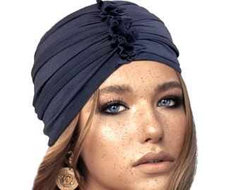 Navy Blue Turban Headband Stretch Periwinkle Blue Soft Cotton Hair Bands Super Wide Boho Chic Great Coverage Bad Hair Day Cotton ShariRose