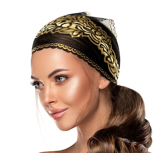 Black Gold Lace Headband: Wide Stretchy Boho Chic Hair Band