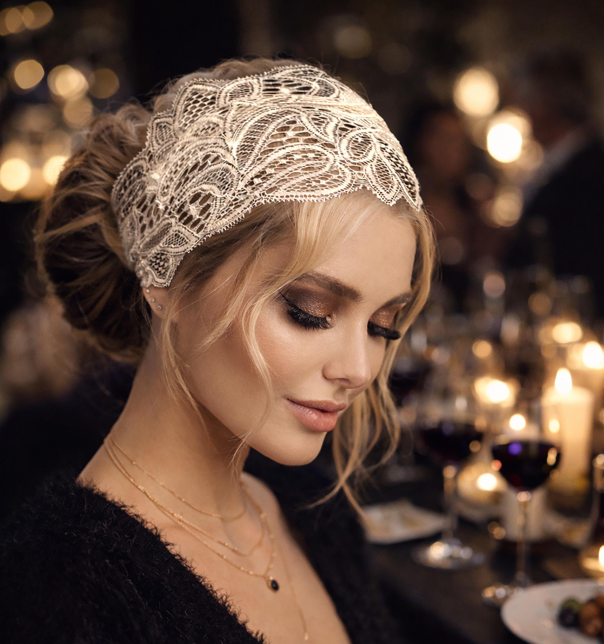 Boho Floral Lace Romantic Headband Black silver floral shabby chic lace headband – ShariRose main image 3