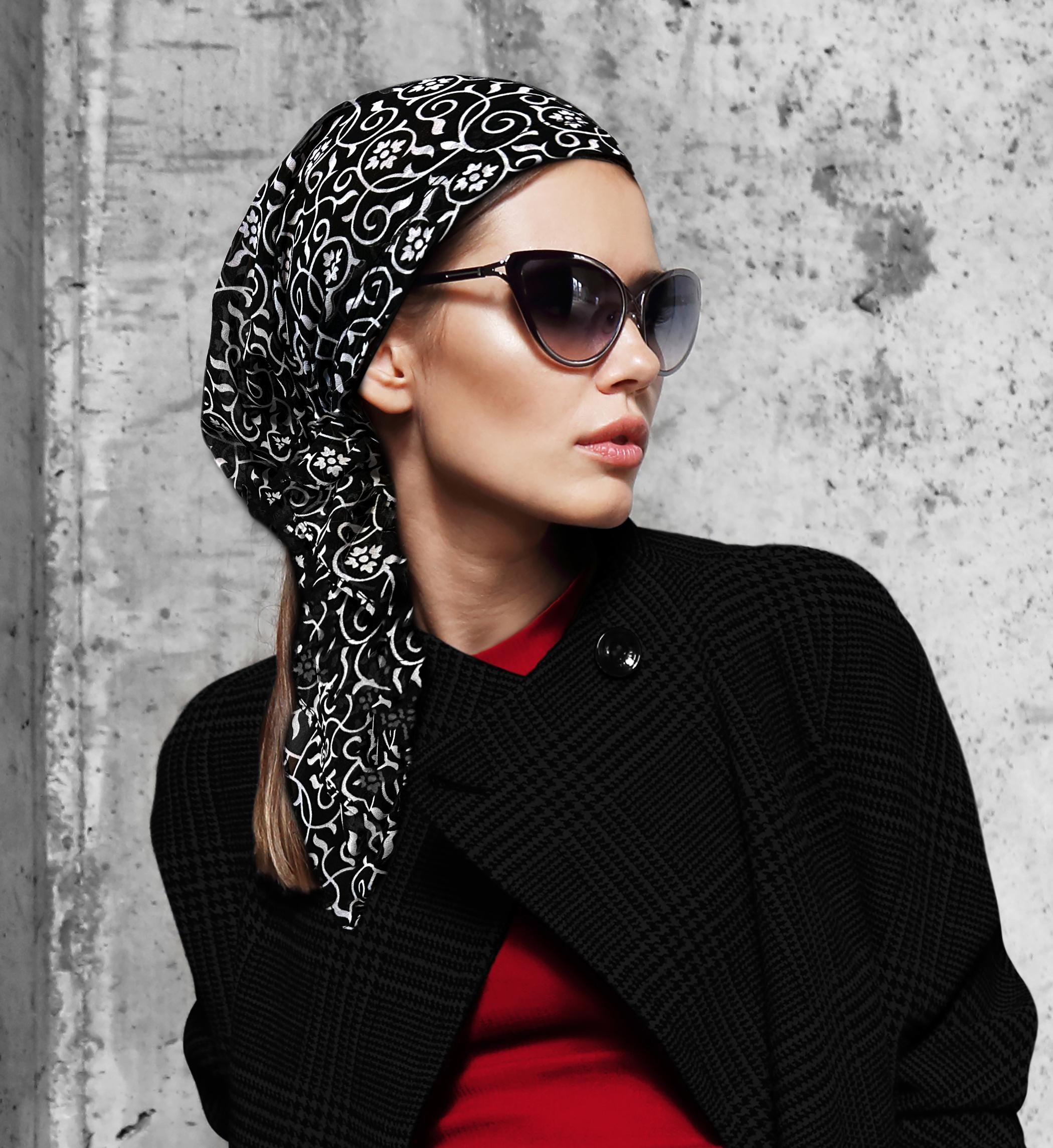 Black & White Pre-tied Head Scarf: Non-slip Chiffon Cotton 