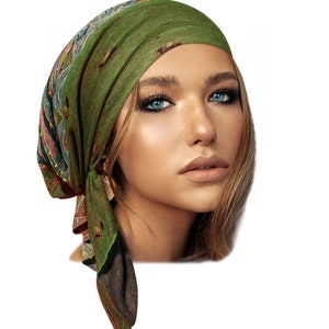 Headscarf Turquoise Cashmere Non Slip Head Wear Tichel Head Cover for Women Boho Chic boho Pre tied Bandana Handmade ShariRose Head scarf image 6