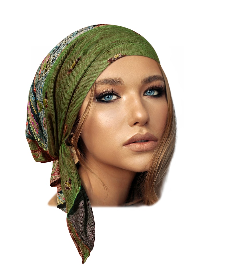 Hoofddoek Turquoise Cashmere Non Slip Head Wear Tichel Head Cover voor vrouwen Boho Chic boho Pre gebonden Bandana Handgemaakte ShariRose Hoofddoek afbeelding 6