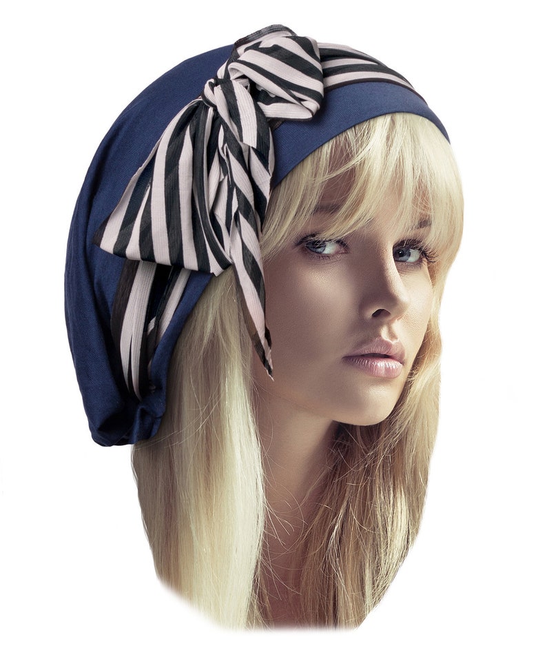 Navy Blue Head Scarf Head Cover Black White Stripes Tichel Hair Snood Head Wrap Soft Comfy Cotton Chemo Hat Cap Pre Tied Bandana ShariRose