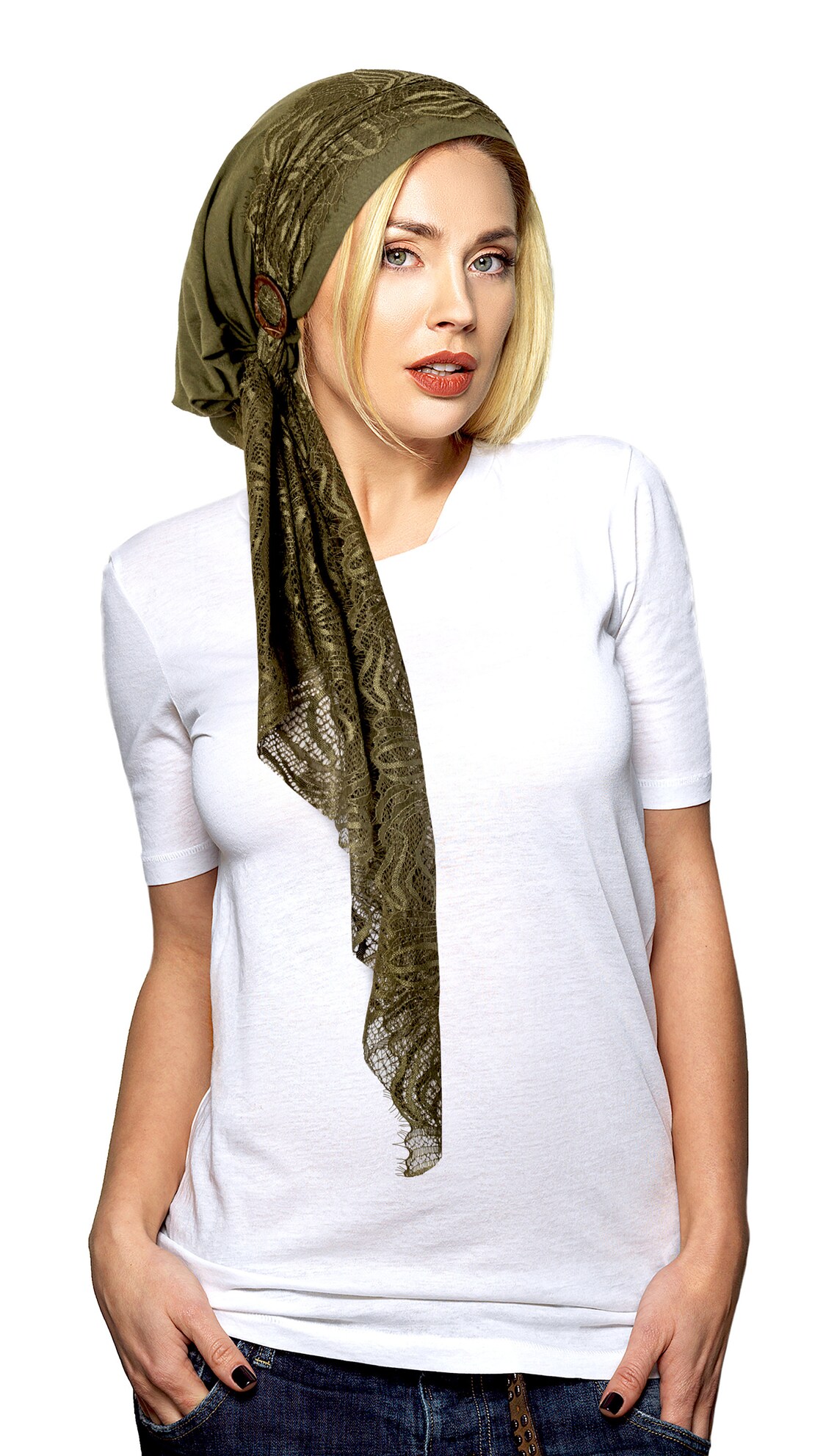 Olive Green Head Scarf Boho Chic Pre Tied Bandana Tichel Hair Etsy