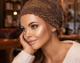 Taupe Lace Headband: Iridescent Vintage Floral Hair Bands, Boho Chic Sparkles