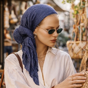 Navy Blue Cotton Head Scarf: Non-Slip Head Wear Tichel image 3
