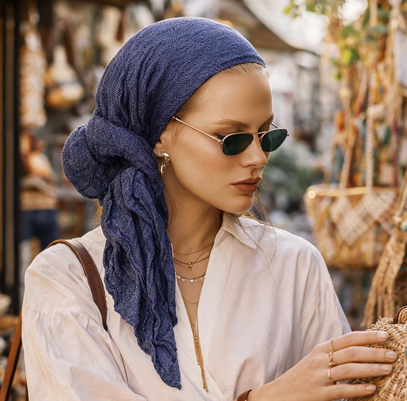 Navy Blue Cotton Head Scarf: Non-Slip Head Wear Tichel image 3
