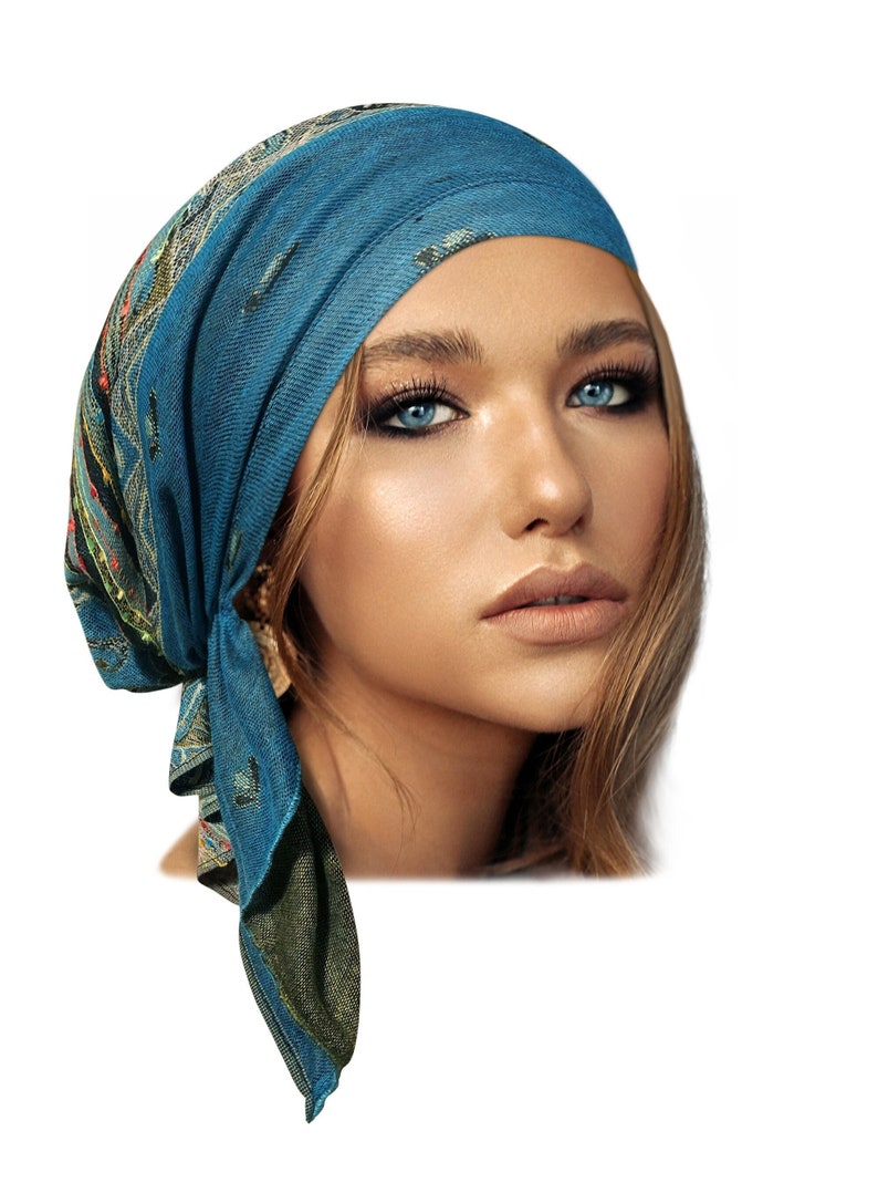 Hoofddoek Turquoise Cashmere Non Slip Head Wear Tichel Head Cover voor vrouwen Boho Chic boho Pre gebonden Bandana Handgemaakte ShariRose Hoofddoek afbeelding 1