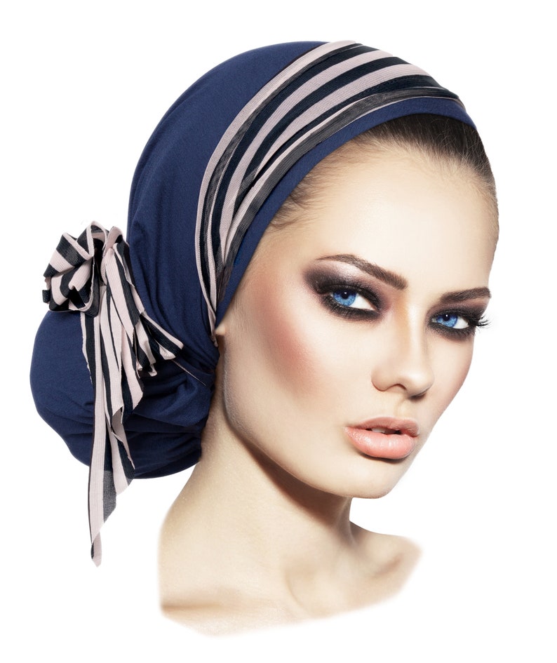 Navy Blue Head Scarf Head Cover Black White Stripes Tichel Hair Snood Head Wrap Soft Comfy Cotton Chemo Hat Cap Pre Tied Bandana ShariRose