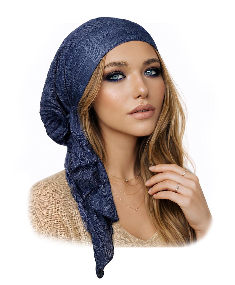 Navy Blue Cotton Head Scarf: Non-Slip Head Wear Tichel Denim blue non slip