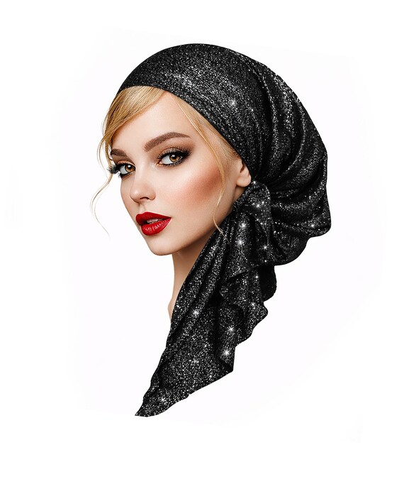 Black Silver Headscarf: Non-slip Shimmer Sparkly Pre-tied  display picture 2