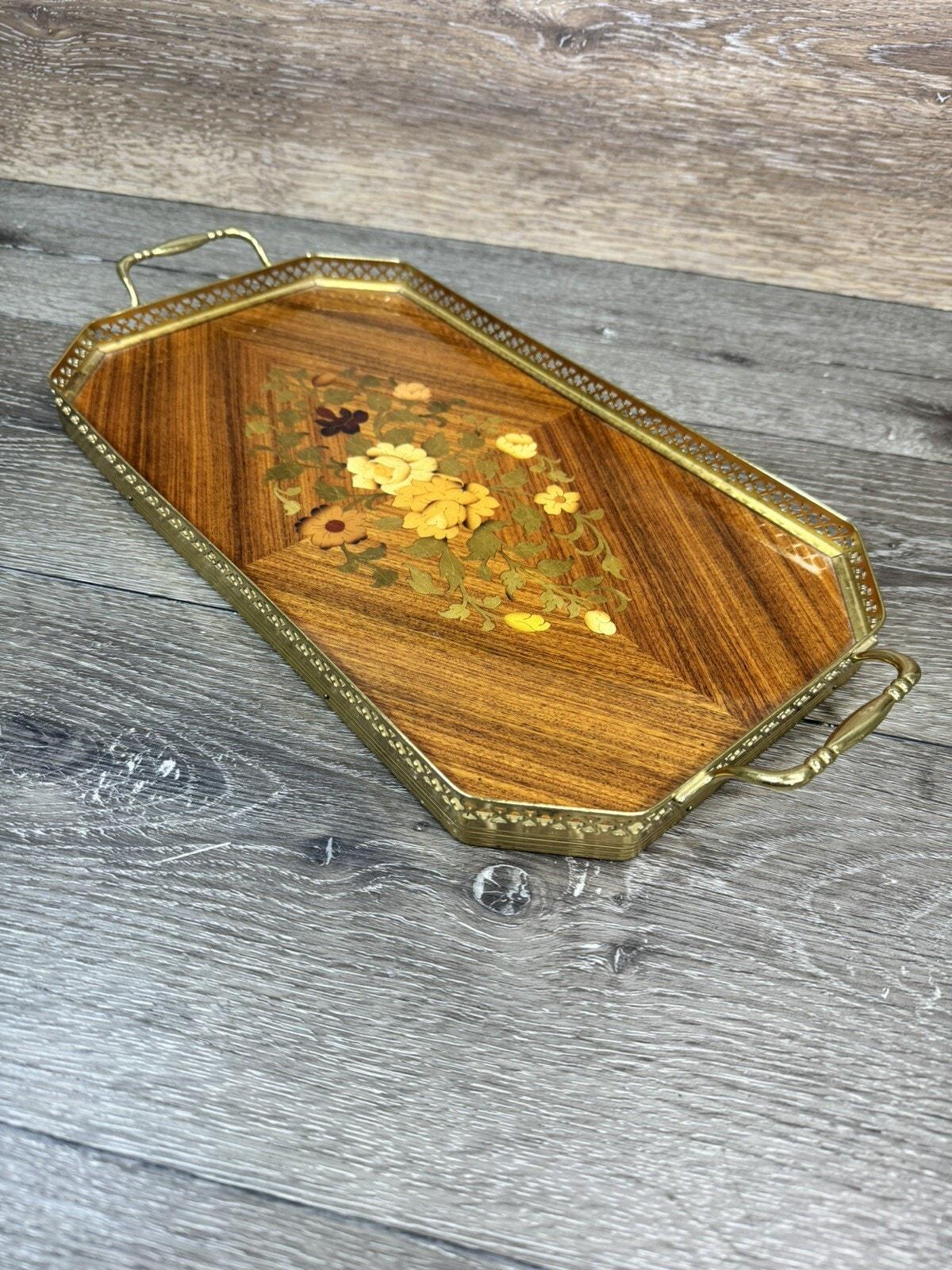 Medea 木製フローラルインレイ折りたたみトレイ ITALY Vintage Italian Wood Tray Inlaid Floral Marquetry Brass Handle