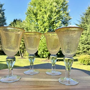 Artland Iris Amber Honey Water Wine Goblet 8-3/8”Bubble Pedestal Glasses ~4 Pc