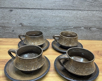 Bo Borgstrom para Åseda Suecia Brutalist Chamotte Tazas de gres y platillo~4 Set