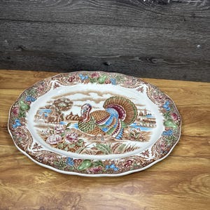 VTG Large Brown Transfer Ware Thanksgiving Turkey Platter SM Japan 18x14”