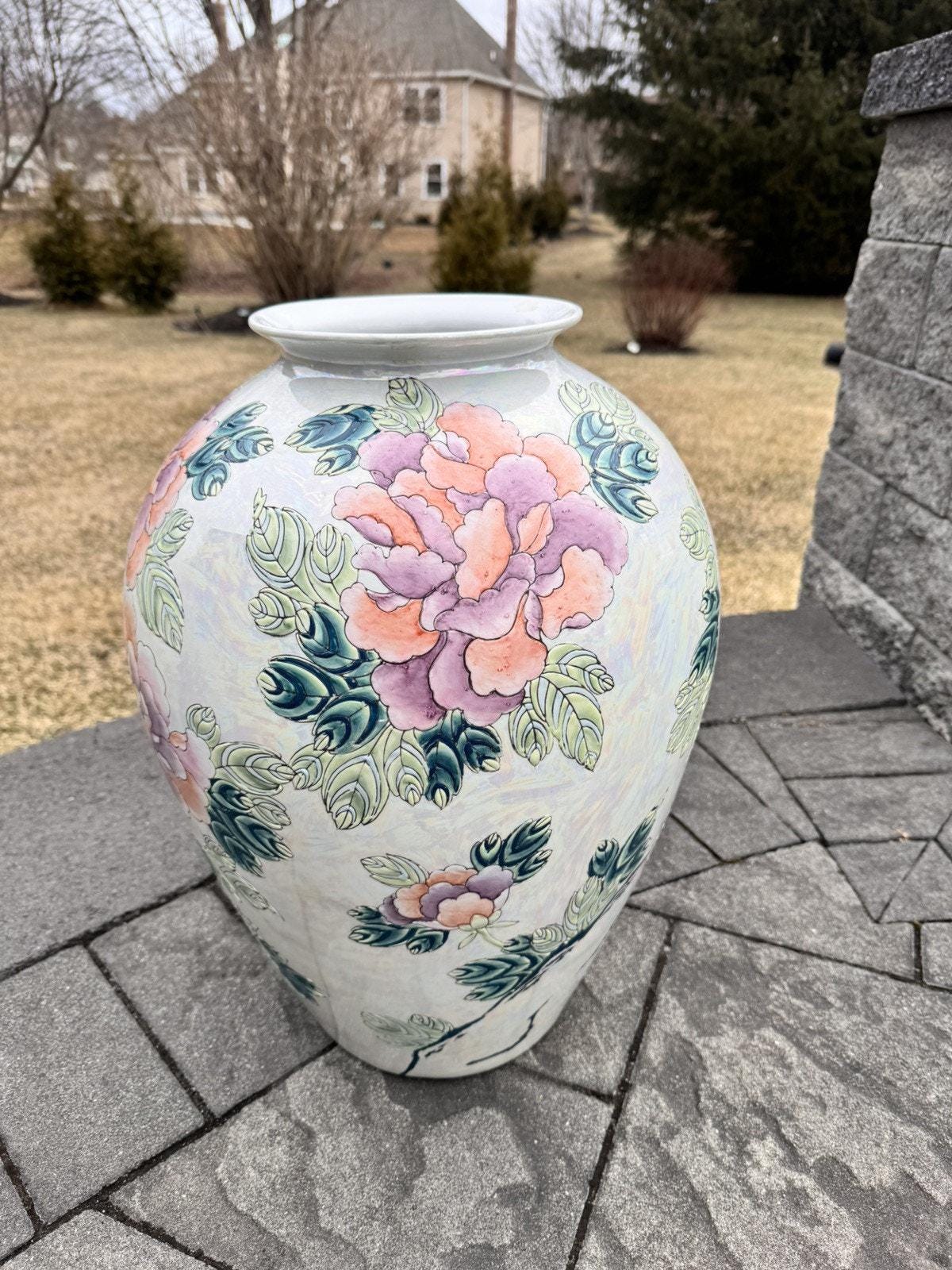Vintage Chinese Porcelain Toyo Vase With Flowers & Birds 21” H X