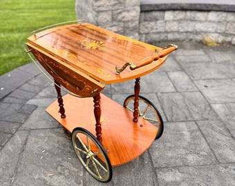 VTG Italian Marquetry Tea & Bar Cart Wood Serving Drop Leaf ~Great For Display