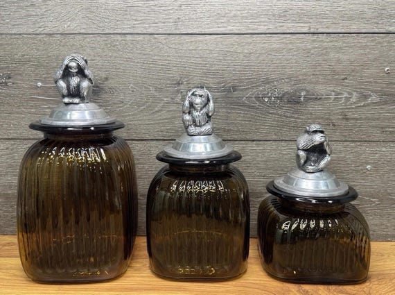 Vintage MCM Amber Glass Canister Three Wise Monkeys Pewter Lids ~set Of 3 Rare