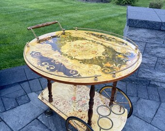 VTG Italian Marquetry Tea & Bar Cart Wood Serving Drop Leaf ~Great For Display