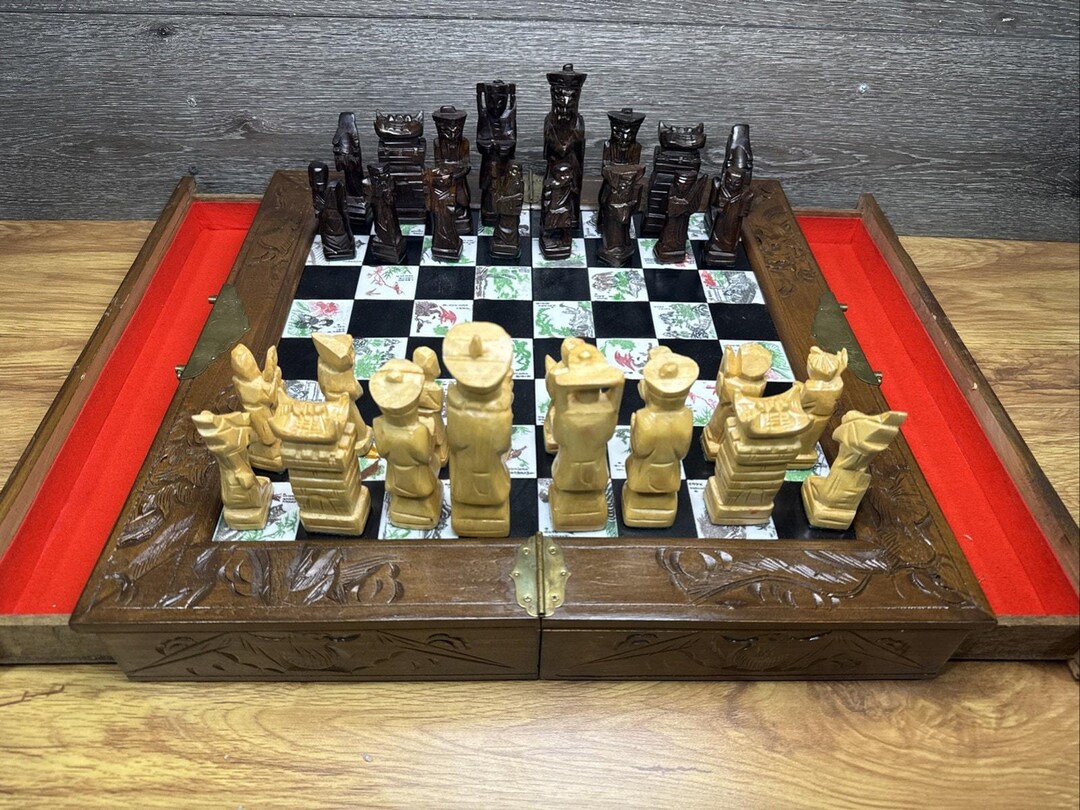 Vintage Asian Carved Wood Chess Set Inlaid Tile Board 18” Folding W ...