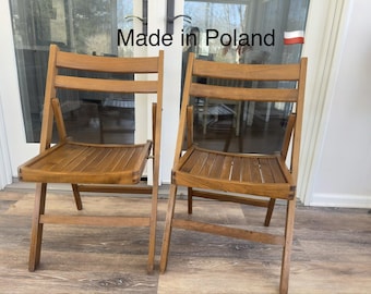Vintage Mid-Century Polish Wooden Slatted Folding Chairs -set Of 2