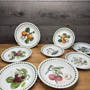 Puede incluir: Una colección de platos de cerámica blanca con ilustraciones botánicas de frutas y flores. Cada plato presenta un borde verde e imágenes detalladas de cerezas, melocotones y otras plantas. Los platos varían en tamaño y forma.